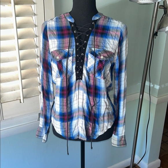 Express Blue Plaid Lace-Up Shirt - Picture 3 of 6